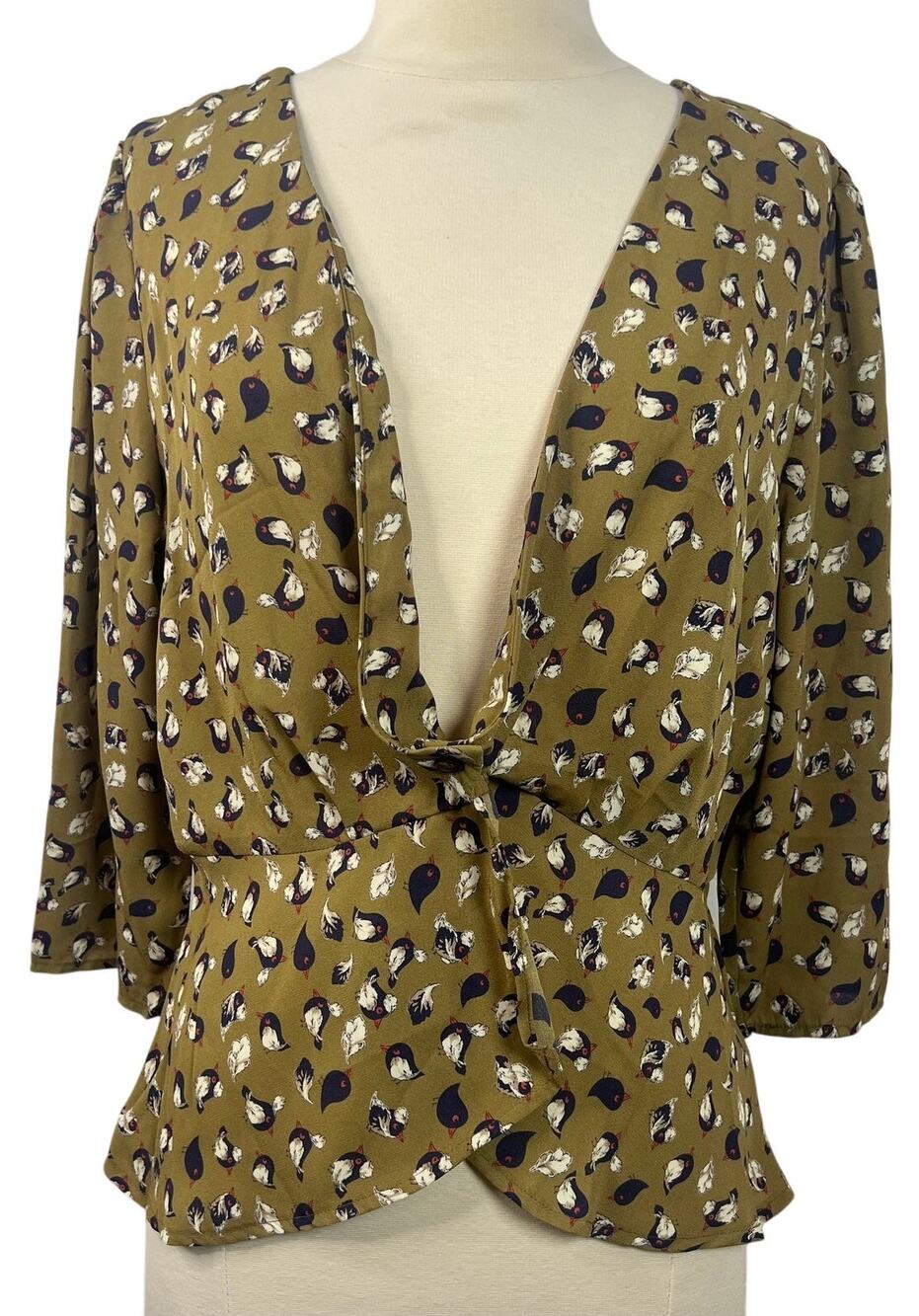 ModCloth NWT Womens Peplum Blouse Birds Novelty Chic Print Corporate Core Size L